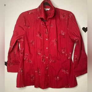 Fred David Red Embroidered Button‑Front Blouse Crinkle Texture Size L
